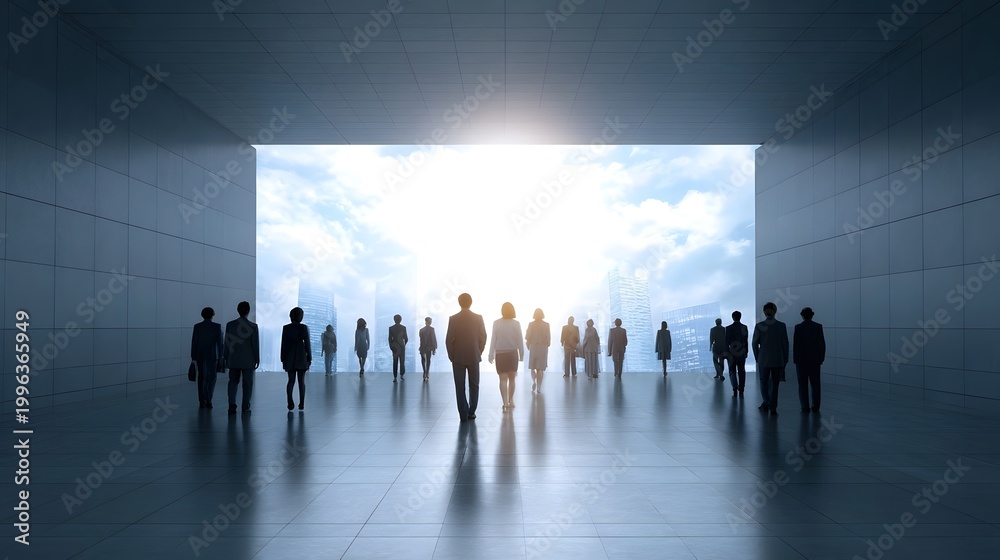Fototapeta premium A group of professionals walks together toward a bright illuminated opening at the end of a modern architectural hall
