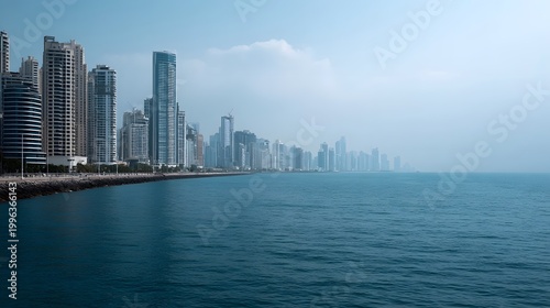 A vast view of a modern city skyline stretching along a calm hazy coastal waterfront