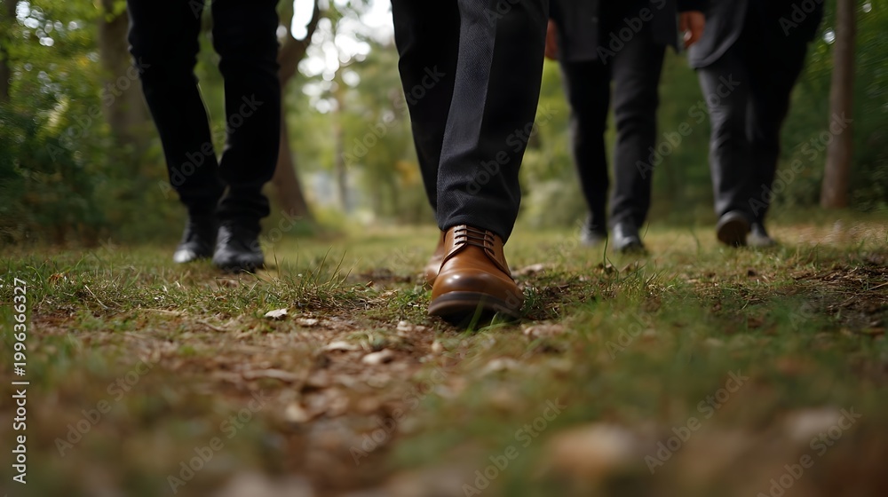 Obraz premium A group of professionals walking together down a natural woodland path symbolizing a journey of collabo n and shared goals