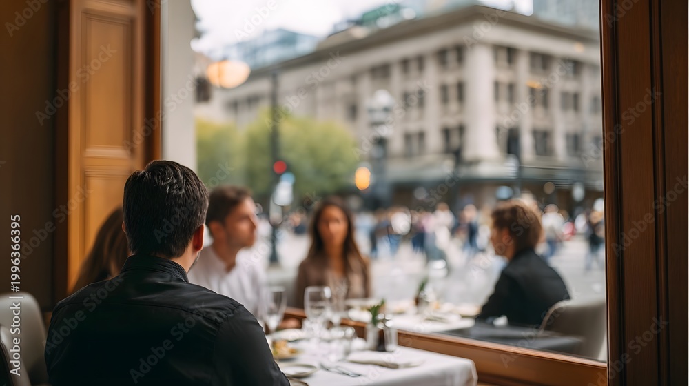 Fototapeta premium A group of friends conversing at a cafe table while enjoying a window view of the bustling urban cityscape