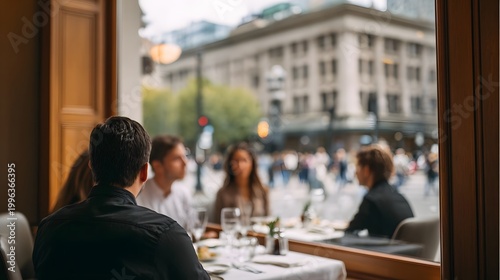 A group of friends conversing at a cafe table while enjoying a window view of the bustling urban cityscape