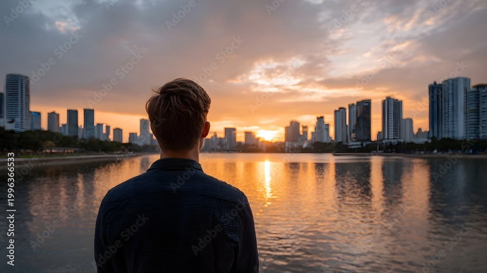 Fototapeta premium A solitary figure contemplates the expansive modern city skyline reflected in the calm water during a dramatic sunset