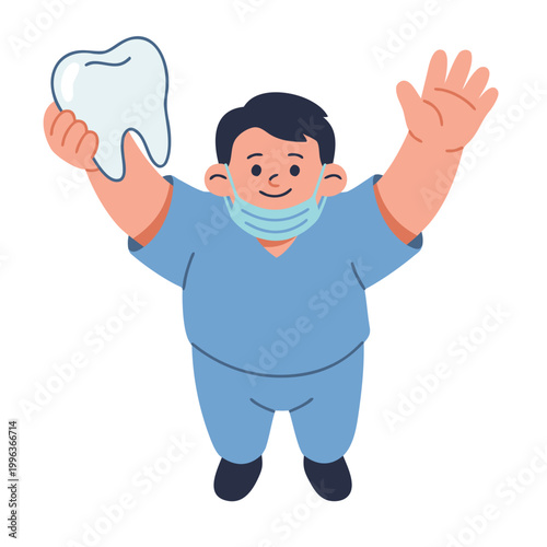 Happy Dentist Holding a Large Tooth.