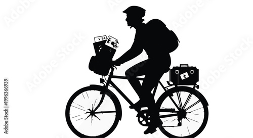 Silhouette of a traveler riding a bicycle with luggage and postcards for a bike tour