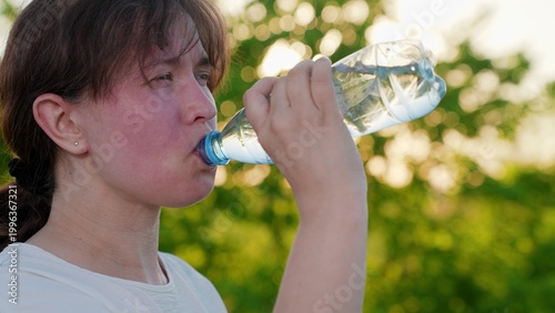 Fényképezés Tired woman drinks refreshing water from bottle, walk, park, nature
