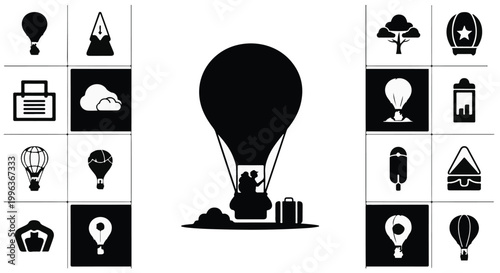 Travel and adventure icon set featuring hot air balloon silhouette and vacation symbols