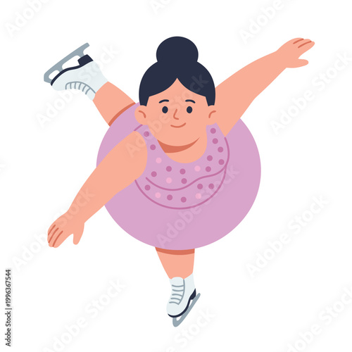 A cheerful, plump figure skater in a purple tutu performs a graceful spin on the ice.