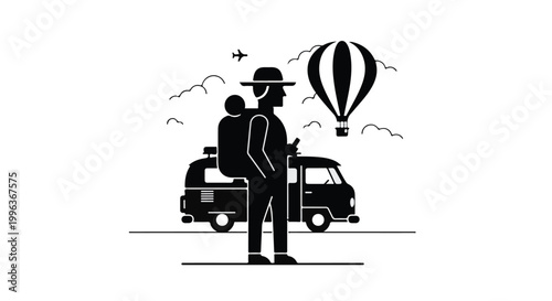 Flat line illustration of a traveler with backpack, camper van, and hot air balloon
