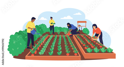 A vibrant illustration of people gardening in a lush green field
