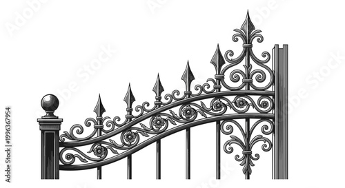 A decorative wrought iron gate with intricate scrollwork and pointed tips