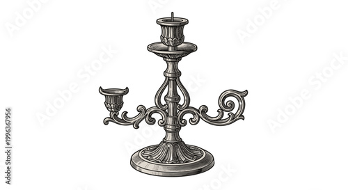 A detailed illustration of an antique candelabra with ornate metalwork