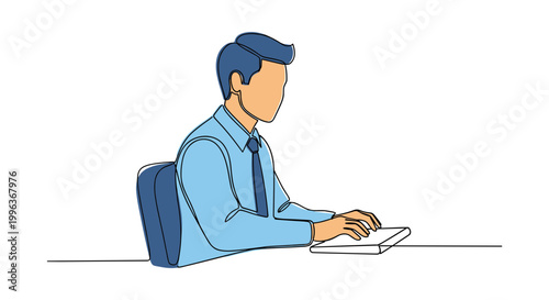A man in a blue shirt and tie works on a computer in a minimalist vector illustration