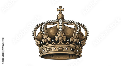 A regal gold crown with cross and jewels on a white background