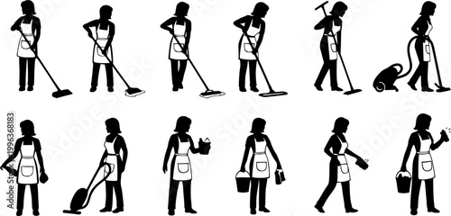 set of Vector silhouette of a cleaning lady.
