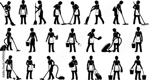 set of Vector silhouette of a cleaning lady.
