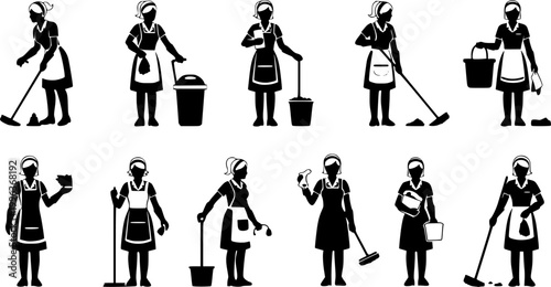 set of Vector silhouette of a cleaning lady.
