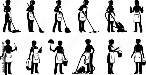 set of Vector silhouette of a cleaning lady.
