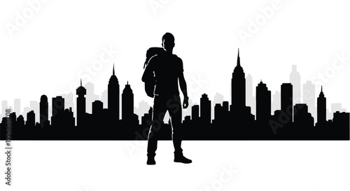 Silhouette of a traveler with backpack standing in front of city skyline