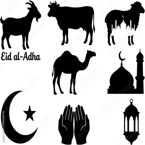 Canvas Print Simple vector illustration set of various animal icons in silhouette style featu