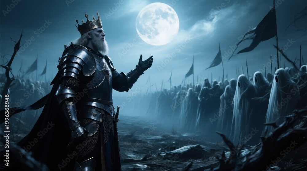 Fototapeta premium Dark Fantasy Scene of King with Moonlit Soldiers in Background