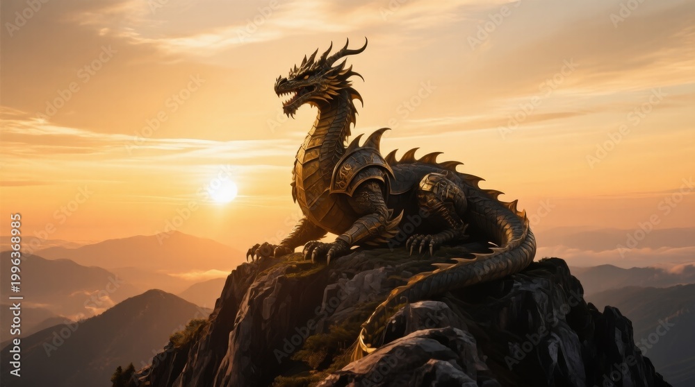 Fototapeta premium Majestic Golden Dragon Perched on Mountain at Sunset Horizon