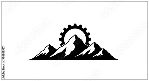 Mountain landscape with gear silhouette graphic.