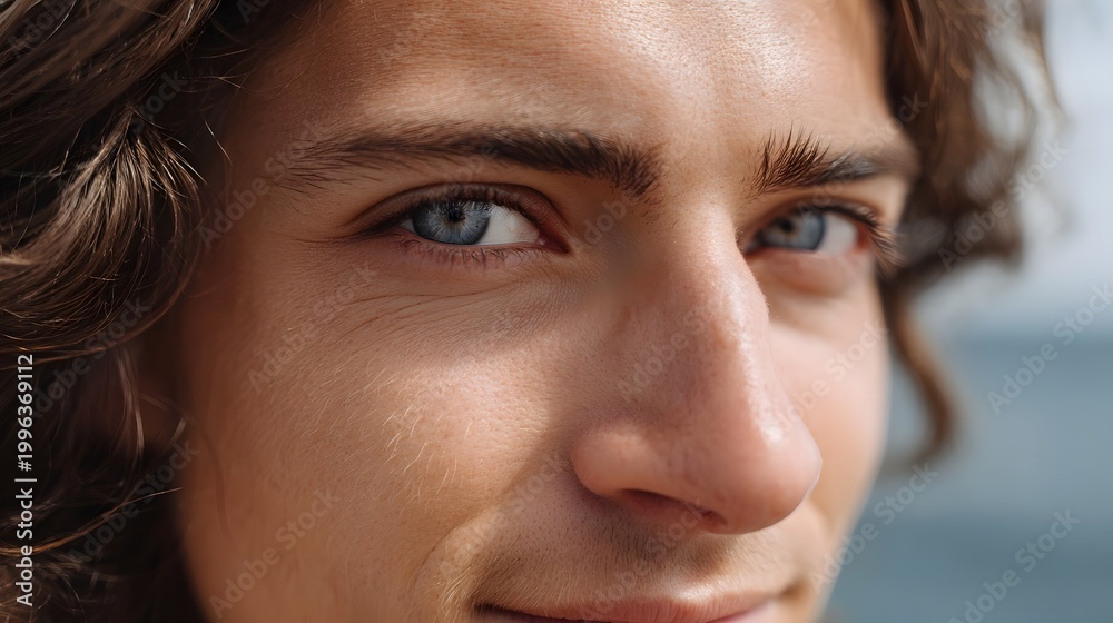 Fototapeta premium Close up portrait of a man with striking blue eyes looking off with a thoughtful and contemplative expression