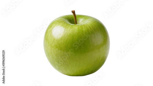 Foto Shiny green Granny Smith apple with stem, isolated on transparent background