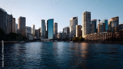 A panoramic view of a modern cityscape reflecting across a wide body of water under a bright sky