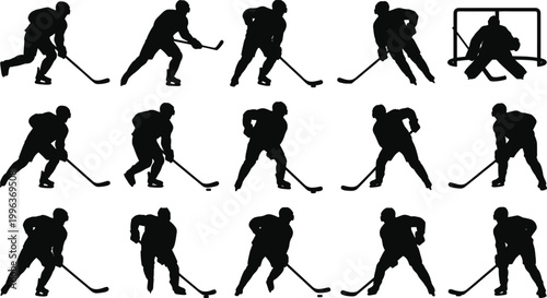 Set of ice hockey player silhouettes in action poses including skating, shooting, dribbling and goalie stance isolated on white backgroundSet of ice hockey player silhouettes in action poses