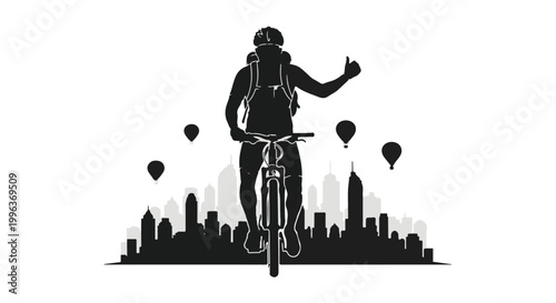 Silhouette of a cyclist with backpack giving thumbs up in front of city skyline with hot air balloons
