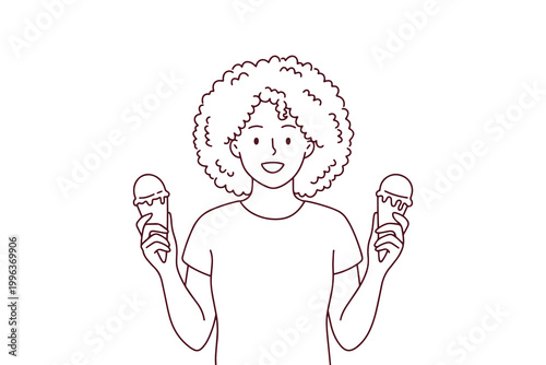 Coloring page of a woman holding pink and blue ice cream cones for a gender reveal or party. Festive line art for family and holiday themes.