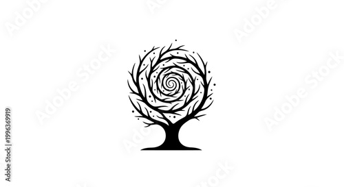 Black silhouette of a tree with spiral branches.