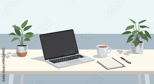 A laptop computer on a desk with plants and office supplies in a modern workspace setting with a cup of coffee, Generative AI.