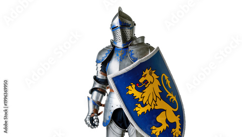 Obraz na płótnie Full medieval knight armor with lion shield, isolated on transparent background