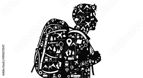 Black silhouette of young traveler with backpack and travel icons, adventure tourism concept, modern illustration for travel brochure or website