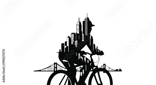 Silhouette of young adult riding bicycle in urban cityscape with skyscrapers and bridge, modern transportation concept