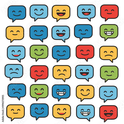 Colorful smiley faces in speech bubbles.