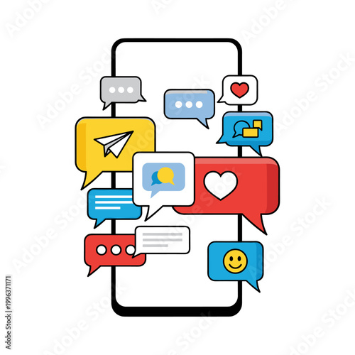 Colorful chat speech bubbles on phone.