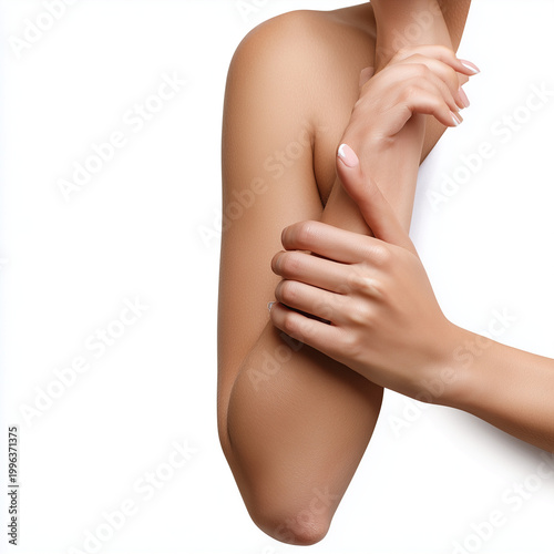 Gepflegte Frauenarme in Nahaufnahme – Hautpflege, Schönheit, Wellness, zarte Haut, Kosmetik, Körperpflege, minimalistisch, Studio, Copyspace, isoliert, freigestellt