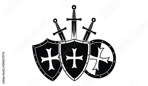 A striking black and white image presents three medieval swords crossed with three shields displaying a cross emblem a bold silhouette high quality professional