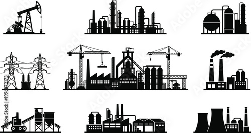 Industrial factory and energy infrastructure icon set, oil refinery power plant construction silhouettes, manufacturing industry collection isolated on white background