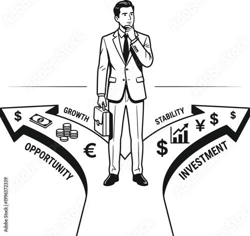 Businessman choosing between opportunity and investment