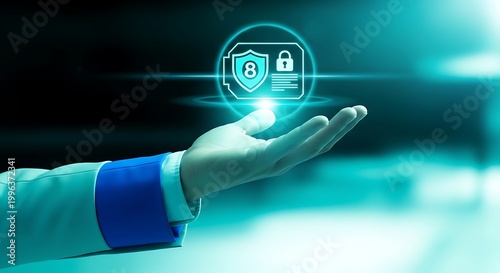 Cybersecurity concept a hand holding a glowing digital lock and fingerprint scan