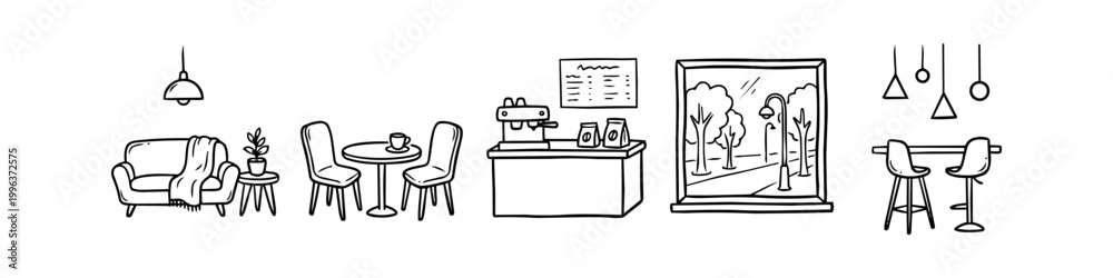 Fototapeta premium Hand-drawn doodle set of coffee shop interior elements including a cozy sofa, cafe table with chairs, espresso machine counter, window view, and bar stools. Black and white line art vector.