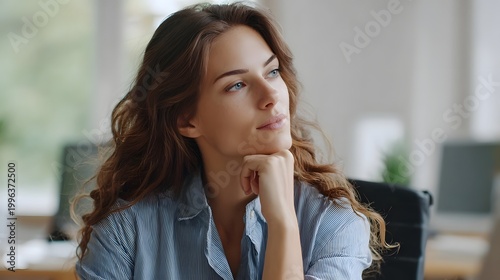 A thoughtful woman sits in a modern workspace resting her chin as she reflects on professional ideas and future goals Free Download A thoughtful woman sits in a modern workspace resting her chin as she reflects on professional ideas and future goals - GFXLoad