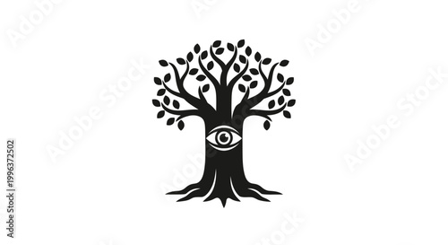A tree with an eye in its trunk and roots on white background.