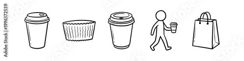 Set of hand-drawn coffee and shopping line icons: paper cups, cupcake liner, stick figure with coffee, and a shopping bag. Perfect for cafe branding and minimalist graphic design projects.