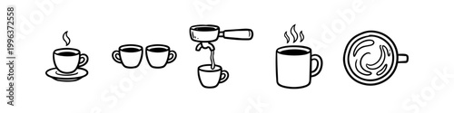 Hand-drawn minimalist coffee icons featuring espresso cups, a portafilter, steaming mugs, and latte art in a clean black line art style, perfect for cafe branding and menus.