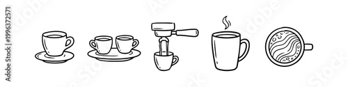 Set of minimalist hand-drawn coffee icons featuring espresso cups, a portafilter, steaming mug, and latte art. Creative black and white line art doodles for cafe and barista designs.